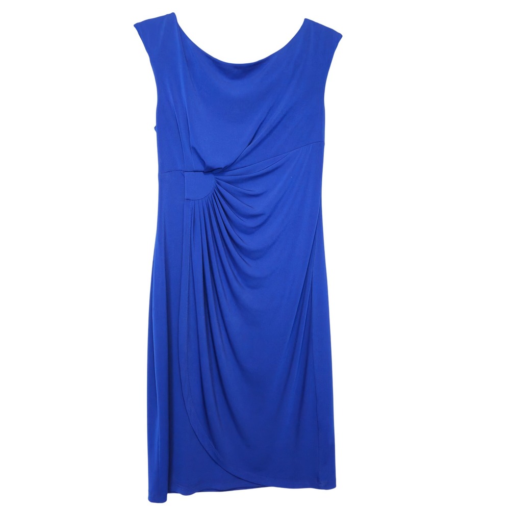 Connected Apparel Royal Blue Ruched Faux Wrap Slit Sleeveless Sheath Dress‎ Sz 6